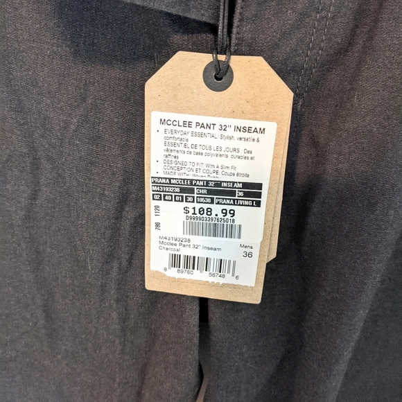 Prana McClee Pant Charcoal Grey Men's 36 x 32 NWT - Picture 7 of 15